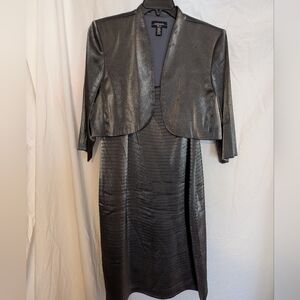 R&M Richards pewter, metallic, pleated, sleeveless with jacket cocktail dress 16